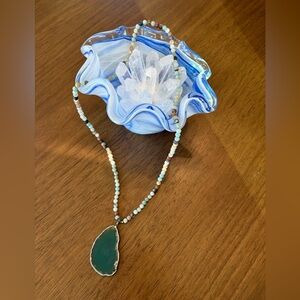 Blue Green Agate Slice Pendant Necklace with Multicolor Beads